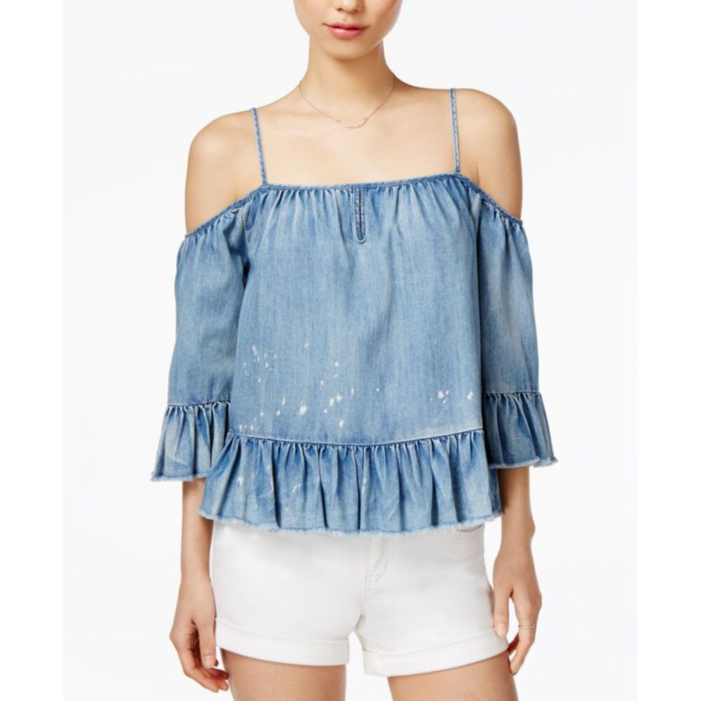 Free Heart Verna Denim Ruffled Cold Shoulder Top